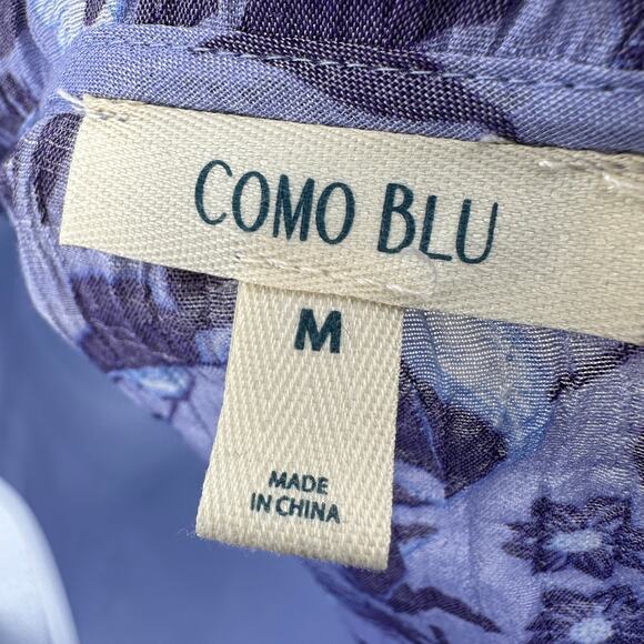 Como Blue Blouse Womens M Purple Floral 3/4 Sleeve Cinch Tie Waist Split V-Neck - Picture 7 of 9